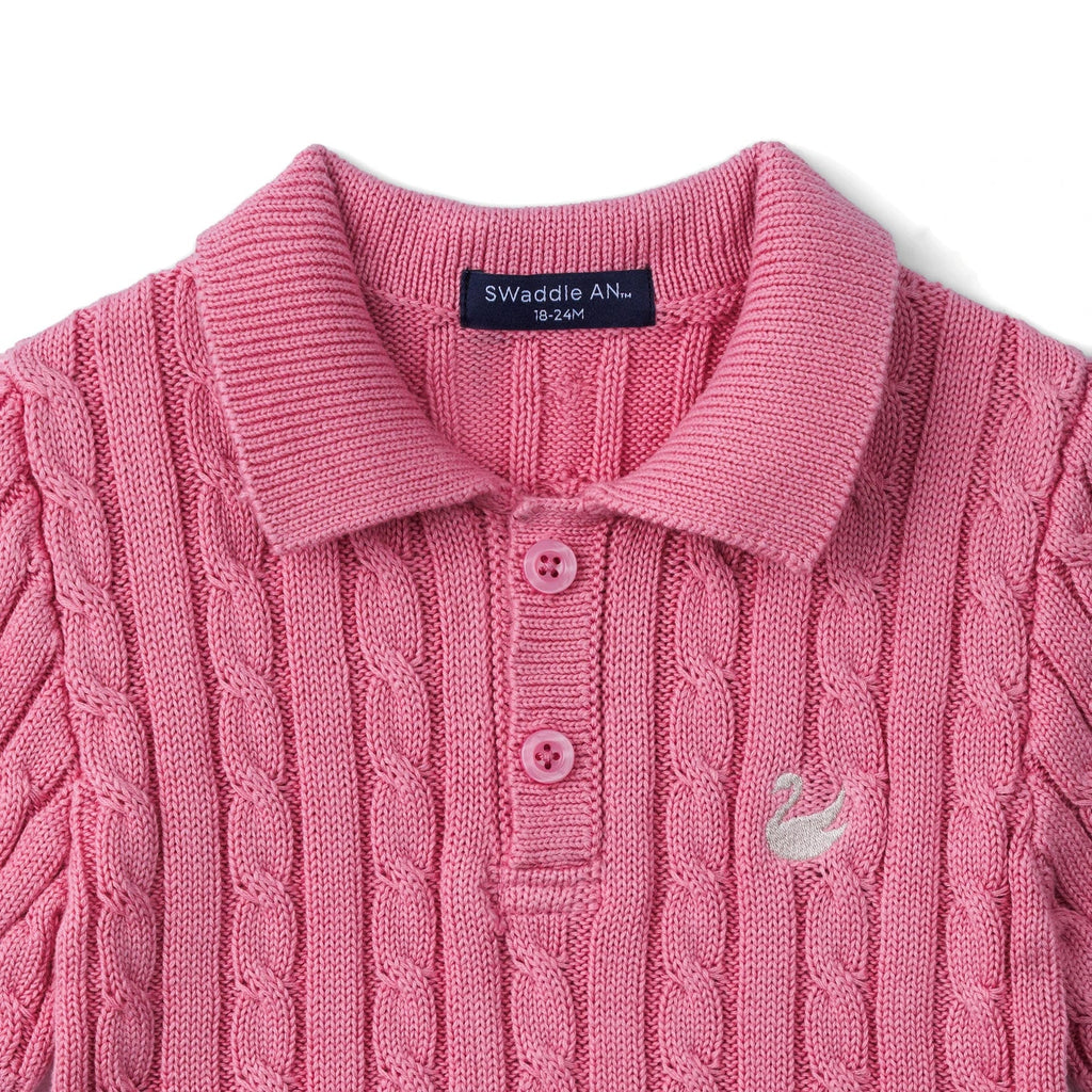 Cable Knit Polo Sweater in Rose Pink