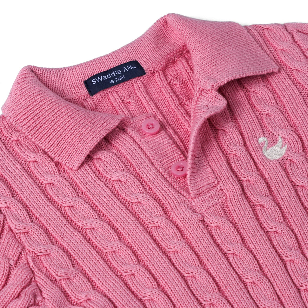 Cable Knit Polo Sweater in Rose Pink