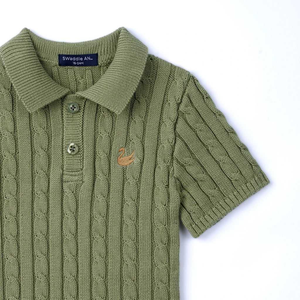 Cable Knit Polo Sweater in Sage Green