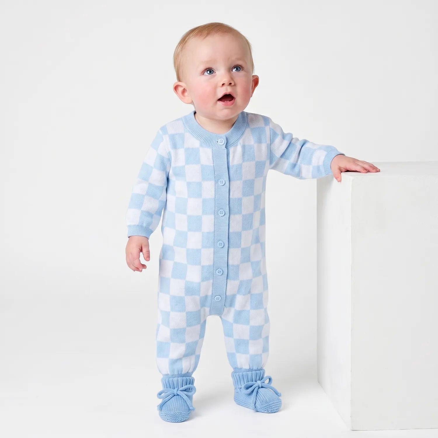 Blue Checker Baby Knit Button Romper