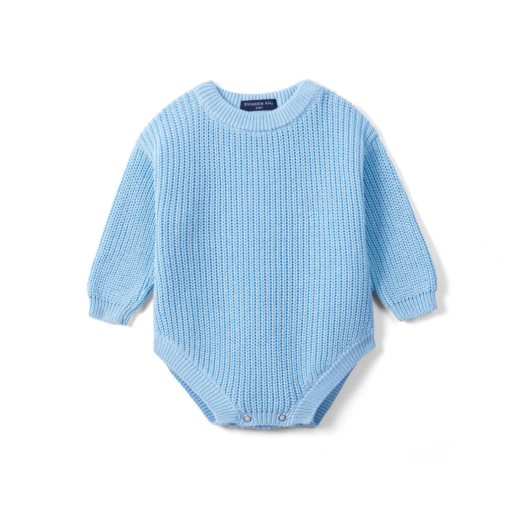 Classic Chunky Knit Baby Romper in Baby Blue