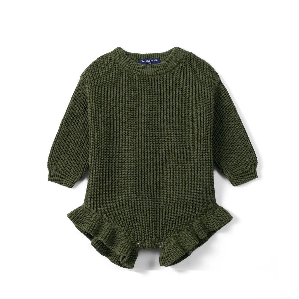 Ruffle Chunky Knit Baby Romper in Forest Green