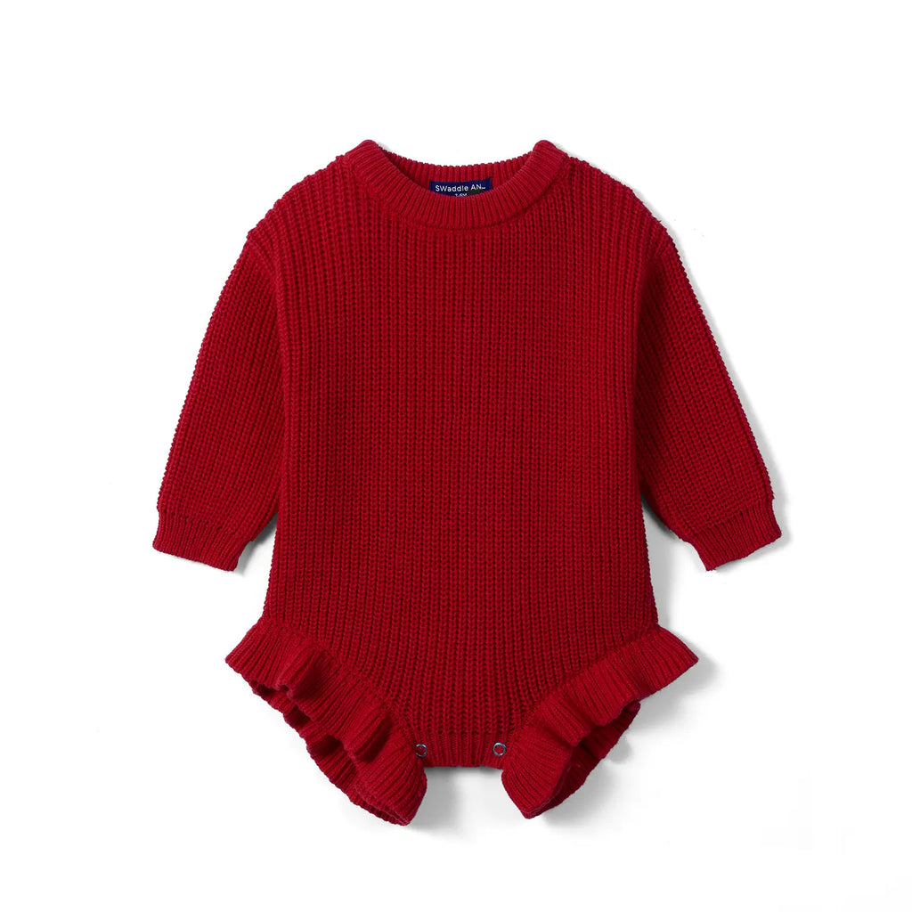 Ruffle Chunky Knit Baby Romper in Red Xmas