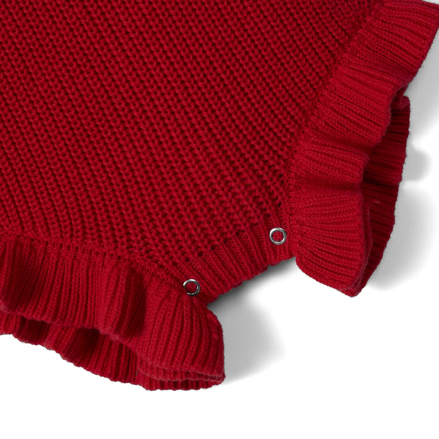 Ruffle Chunky Knit Baby Romper in Red Xmas