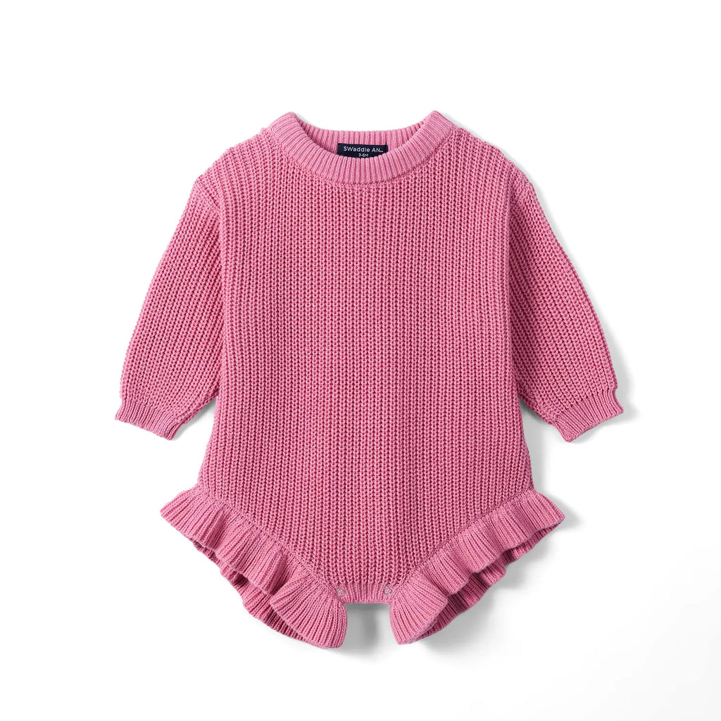 Ruffle Chunky Knit Baby Romper in Rose Pink