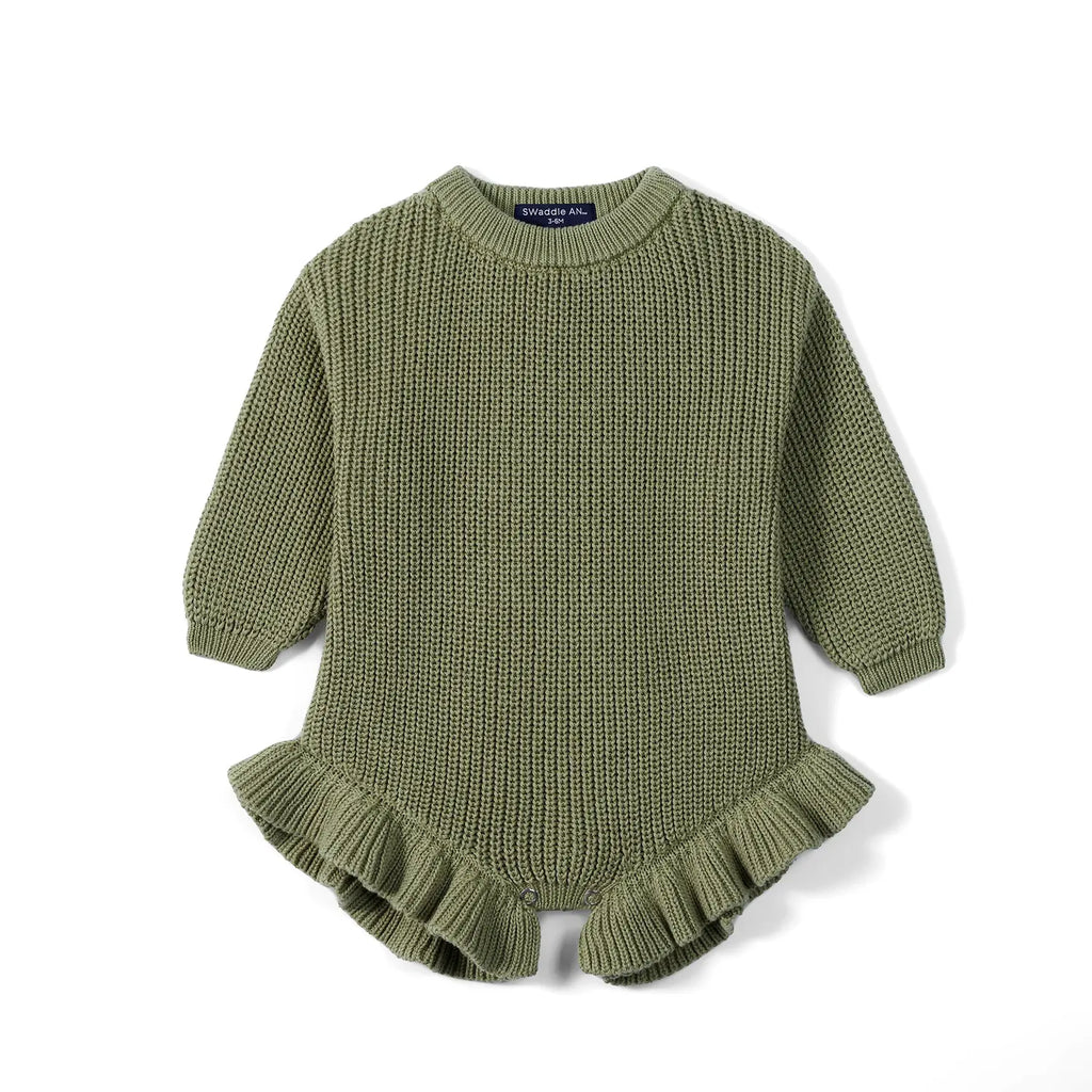 Ruffle Chunky Knit Baby Romper in Sage Green