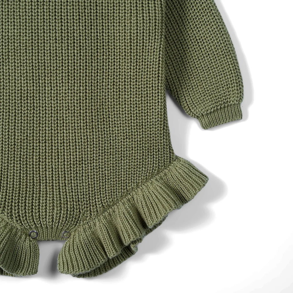 Ruffle Chunky Knit Baby Romper in Sage Green