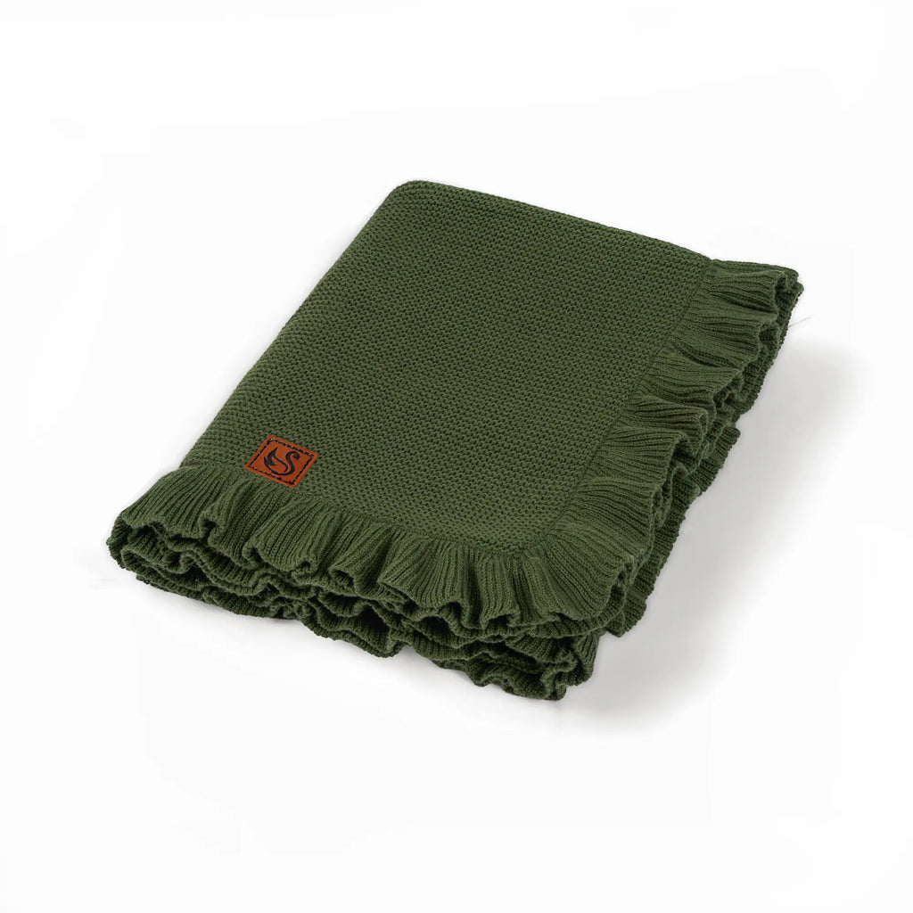 Ruffled Edge Knit Baby Blanket in Forest Green