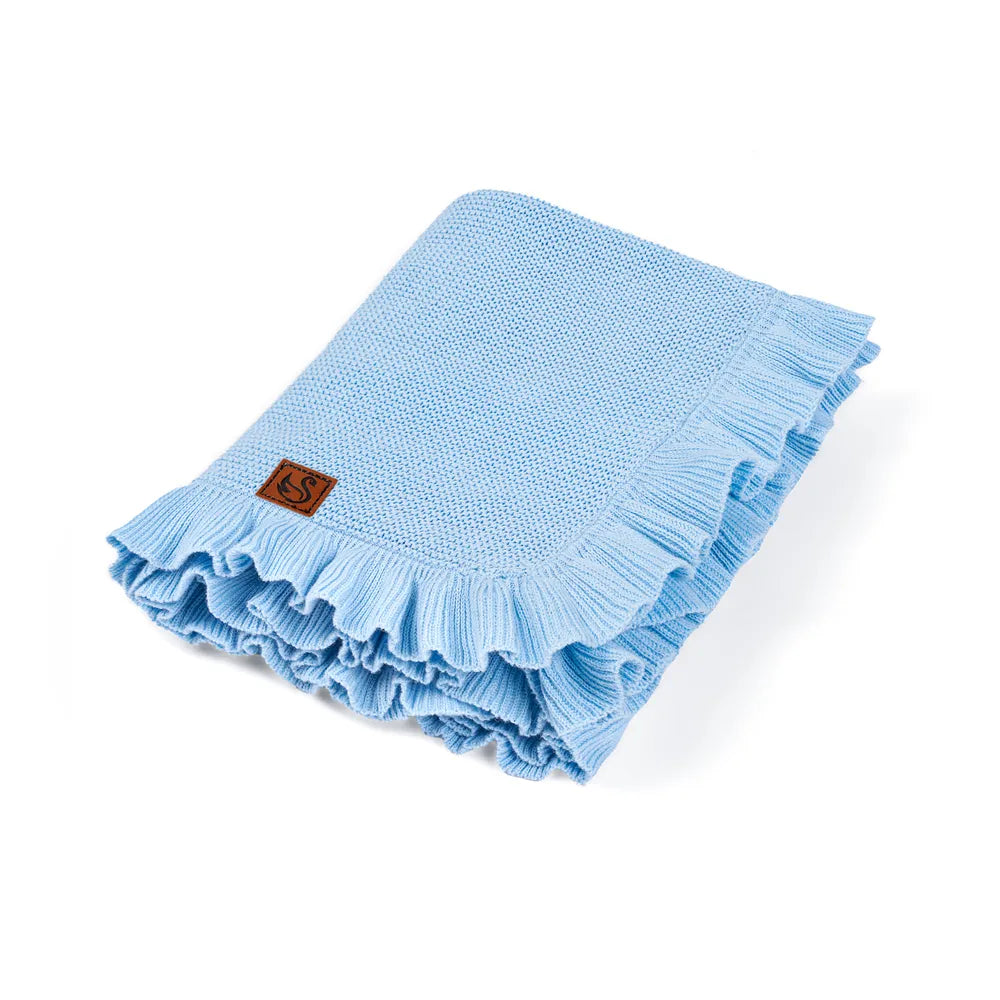Ruffled Edge Knit Baby Blanket in Baby Blue