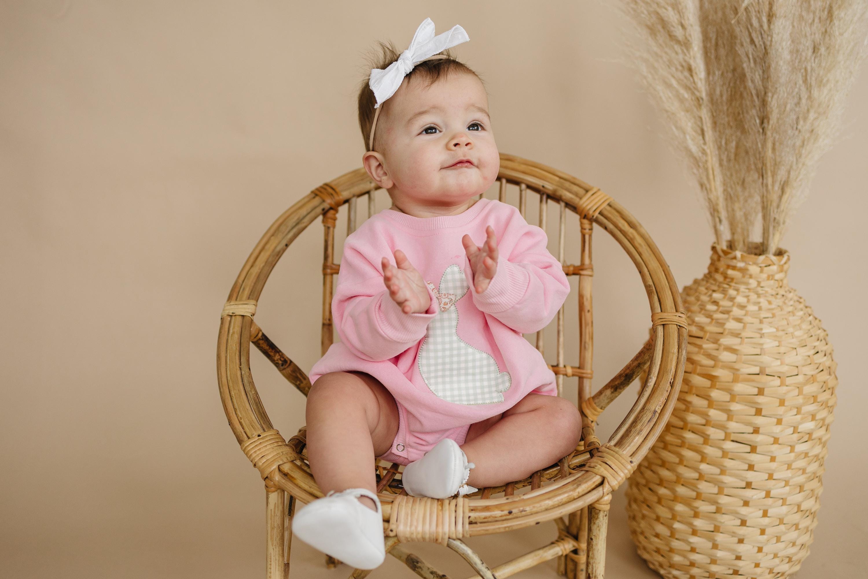 Applique Bunny Sweatshirt Romper - Infant Baby Toddler Girl - Easter Outfit