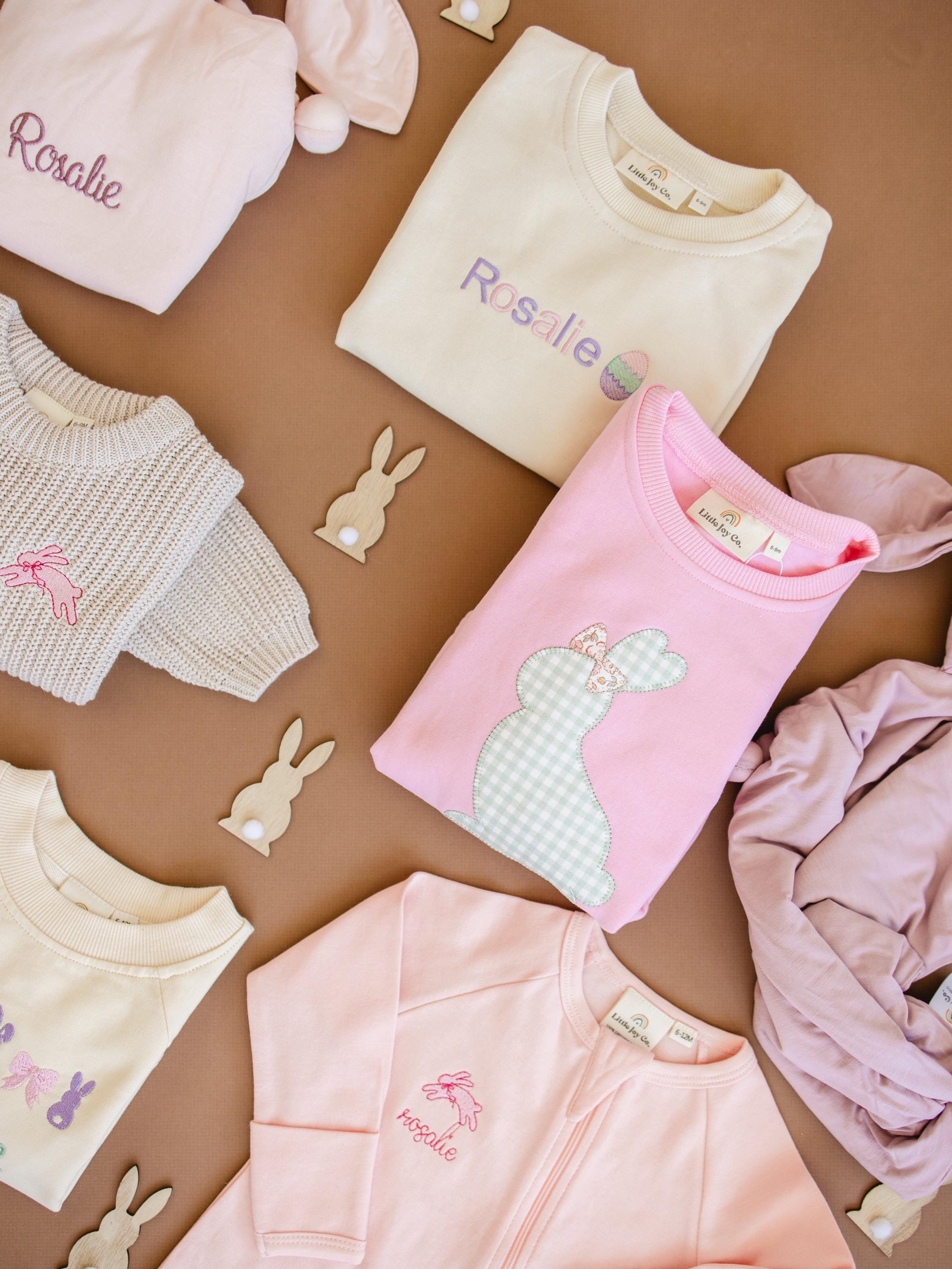 Applique Bunny Sweatshirt Romper - Infant Baby Toddler Girl - Easter Outfit