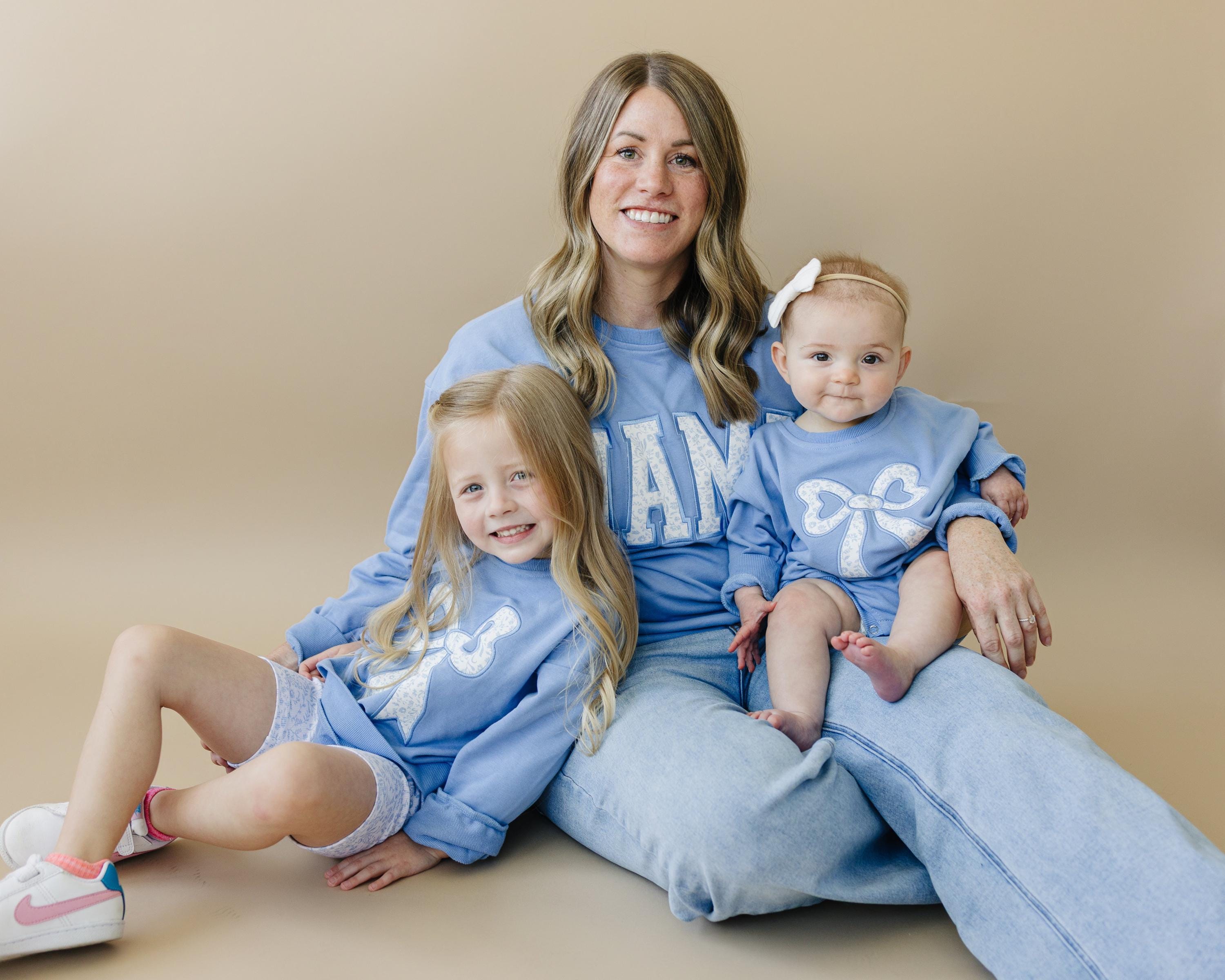 Blue Toile Applique Bow: Baby Sweatshirt Romper or Crewneck