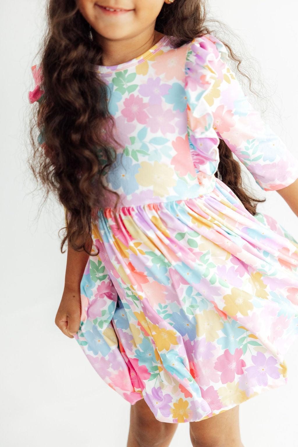 Colorful Carnations 3/4 Sleeve Ruffle Twirl Dress