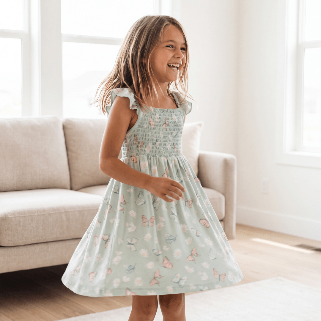 Mint Butterfly Daisy Bamboo Smocked Vintage Dress